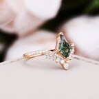 14K Gold Kite Cut Moss Agate Engagement Ring Crown Wedding Cluster Ring