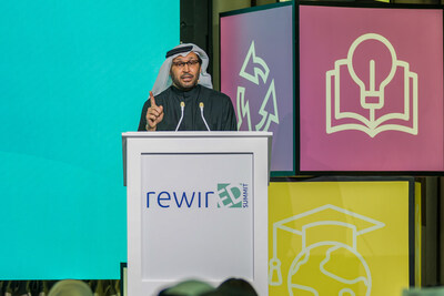 Image captions: H.E. Dr. Tariq Al Gurg, CEO and Vice-Chairman of Dubai Cares speaking at RewirEd Summit 2023