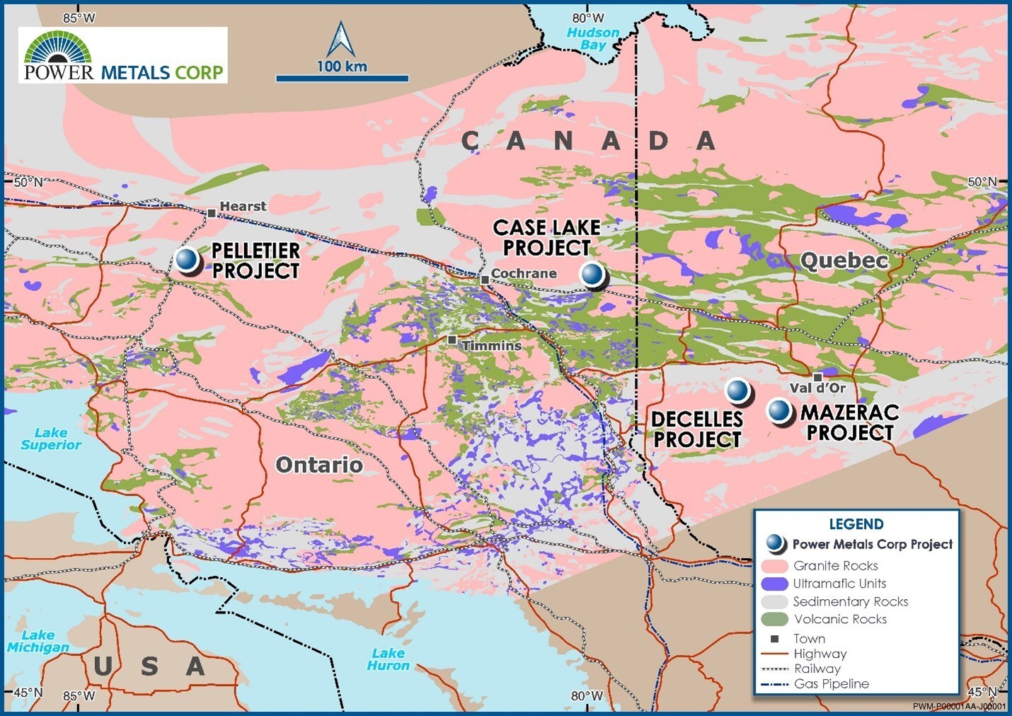 Figure 1 – Power Metals Corp Project Locations Map in Ontario and Quebec Canada (CNW Group/Power Metals Corp.) Figure 1 – Power Metals Corp Project Locations Map in Ontario and Quebec Canada (CNW Group/Power Metals Corp.)