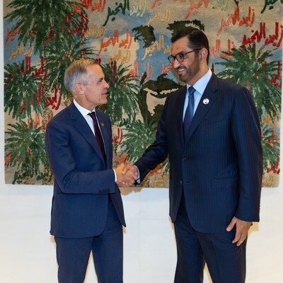 Dr Sultan Al Jaber, UAE Minister of Industry and Advanced Technology, Chairman of Masdar and COP28 President, and Mark Carney, Chair and Head of Transition Investing at Brookfield, meet on the sidelines of the United Nations General Assembly, New York, to finalize Saeta deal.