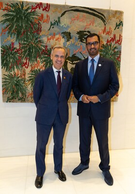 Dr Sultan Al Jaber, UAE Minister of Industry and Advanced Technology, Chairman of Masdar and COP28 President, and Mark Carney, Chair and Head of Transition Investing at Brookfield, meet on the sidelines of the United Nations General Assembly, New York, to finalize Saeta deal.