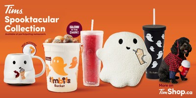 New Tim Hortons Halloween collection includes glow-in-the-dark Timbits® Bucket and drinkware, plus visit TimShop.ca for Tims-themed costumes for kids and dogs!