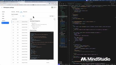 View of MindStudio API dashboard along side application code.