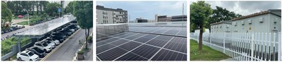 Emeren Group’s 4.5 MW Solar Power Plant Connected to Grid at Apple Supplier Luxshare’s Facility in China&#xA;(from Left to Right: PV Carport, Rooftop DG PV System, and Box-type Transformer)