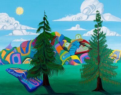 Lawrence Paul Yuxweluptun (b. 1957), New Climate Landscape (Northwest Coast Climate Change),2019. Acrylic on canvas, 193 × 243.8 cm. McMichael Canadian Art Collection, purchase by BMO Financial Group in 2020 (2020.10) © Lawrence Paul Yuxweluptun / Photo: Courtesy of Sarah Macaulay & Co. Fine Art (CNW Group/Musée national des beaux-arts du Québec)