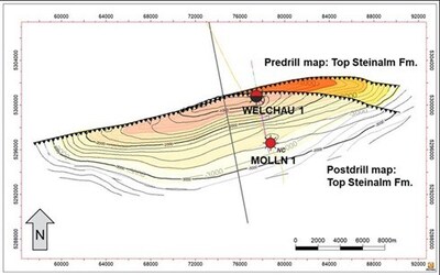 Figure 2: Welchau-1 Top Steinalm Formation post drill map. The 1989 Molln-1 gas discovery is interpreted as a separate accumulation that is not connected to Welchau-1 (CNW Group/MCF Energy Ltd.)