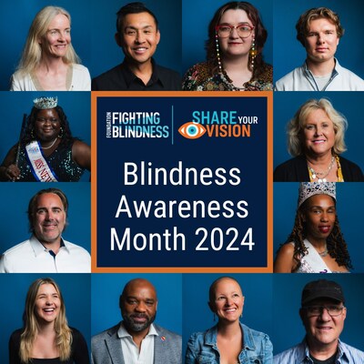 Twelve headshots of individuals surrounding a box outlined in orange with the Foundation Fighting Blindness and Share Your Vision logos in the top center of the box and text below that reads 