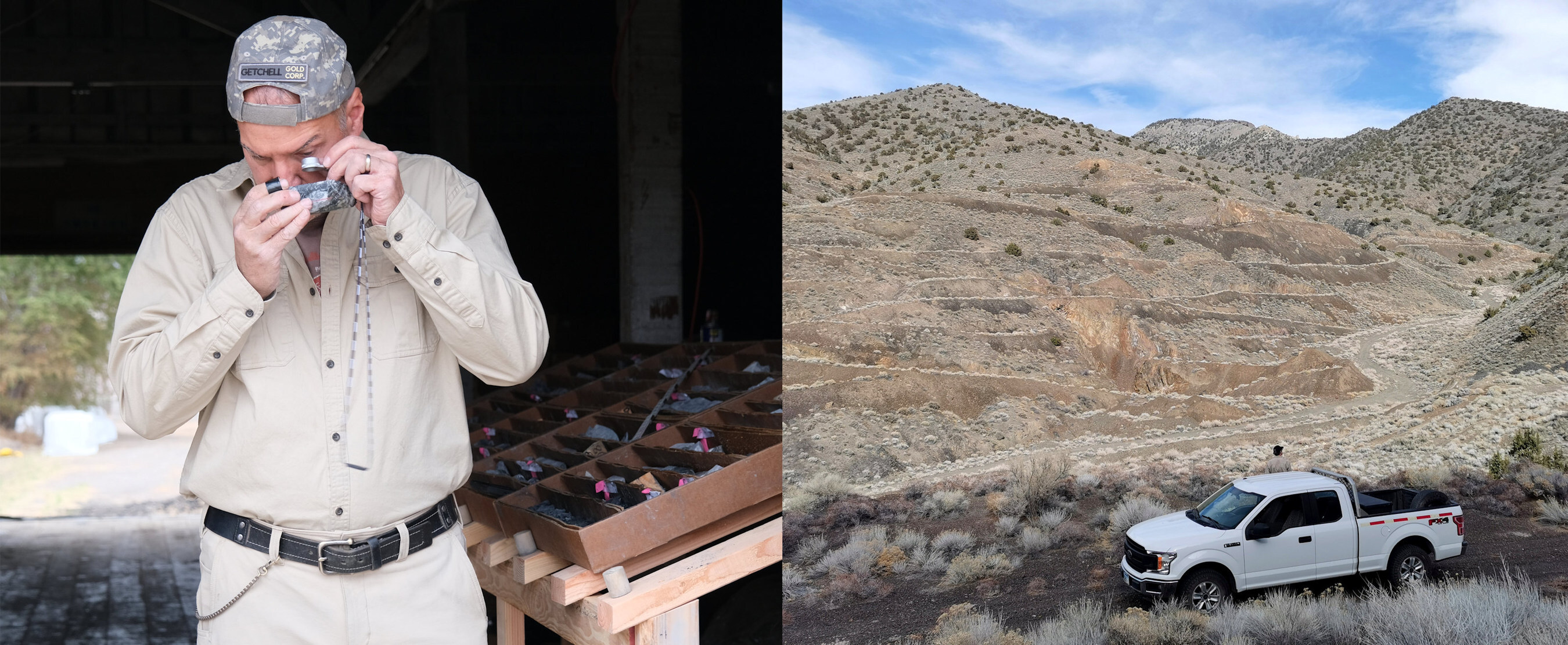 Figure 1: (left) President Mike Sieb reviewing drill core; and (right) Fondaway Canyon looking NE (CNW Group/Getchell Gold Corp.) Figure 1: (left) President Mike Sieb reviewing drill core; and (right) Fondaway Canyon looking NE (CNW Group/Getchell Gold Corp.)