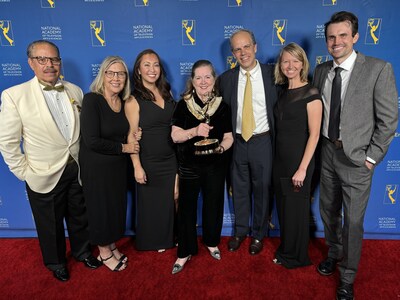 Scripps News team accepts national news Emmy Award on Sept. 25. Pictured from left to right: Del Walters, Linda Pattillo, Christina Hartman, Kate O'Brian, Max McClellan, Carrie Cochran, Colin McIntyre