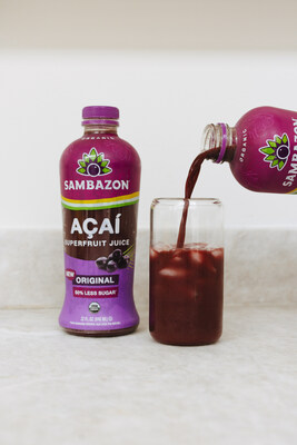 SAMBAZON'S Açaí Superfruit Juice is now available with 50% less sugar*! Our revamped Açaí Superfruit Juice with less sugar is available in 32oz bottles at Whole Foods Market, Publix, and other retailers nationwide in the refrigerated juice section.
*when compared to SAMBAZON Original Açaí Juice Per Serving