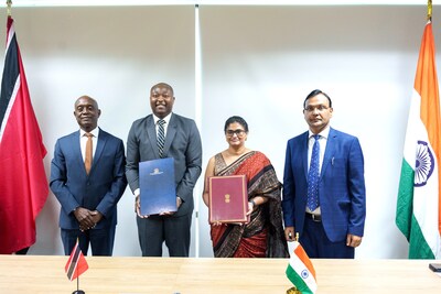 L to R: Dr. Alvin Hilaire, Governor, CBTT; Mr. Cory Belfon, Permanent Secretary, MDT; Ms. Maria Francis, Incharge, NIPL; His Excellency Dr. Pradeep Singh Rajpurohit, High Commissioner of India to the Republic of Trinidad and Tobago