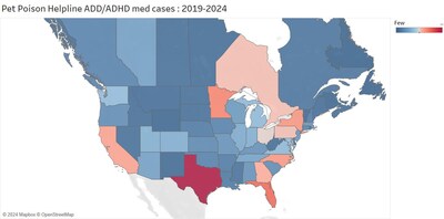 Pet Poison Helpline's proprietary Toxin Trends tool identifies which areas in the U.S. and Canada have higher call volumes for particular toxins. This map identifies which areas have the highest number of ADHD/ADD medication-related calls.