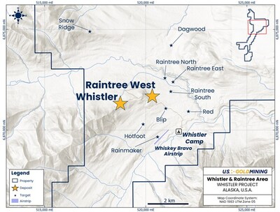 Figure 1 – Plan map of the northern section of the Whistler Project (see inset), showing the location of the Whistler and Raintree gold-copper-silver deposits. (CNW Group/U.S. GoldMining Inc.)