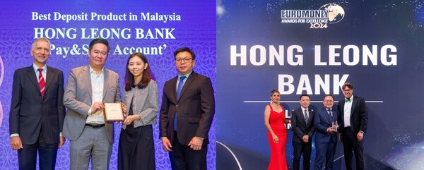 Left: Galvin Yeo, HLB's General Manager of Deposits & Digital [2nd from left] and Yaw Yi Xuan, Assistant Manager of Acquisition & Portfolio - Deposits [2nd from right] receiving the Best Deposit Product in Malaysia award from The Asian Banker.  Right: Woon Siew Hoong, HLB's Head of SME Banking [2nd from right] and Daniel Mun, HLB's Head of Business Transformation - SME [2nd from left] receiving the Best SME Bank in Malaysia award at the Euromoney Awards for Excellence 2024