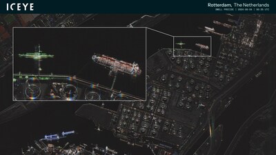 ICEYE Dwell Precise SAR image of the port of Rotterdam, The Netherlands taken in early September 2024. The zoomed-in images are a great example of the level of detail that Dwell Precise with its 25 cm resolution is able to show.