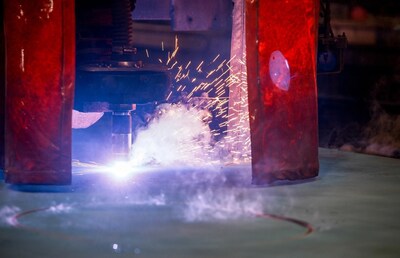 Plasma cutter at Philly Shipyard cuts first steel plate for construction of Matson containership, Sept. 30, 2024.