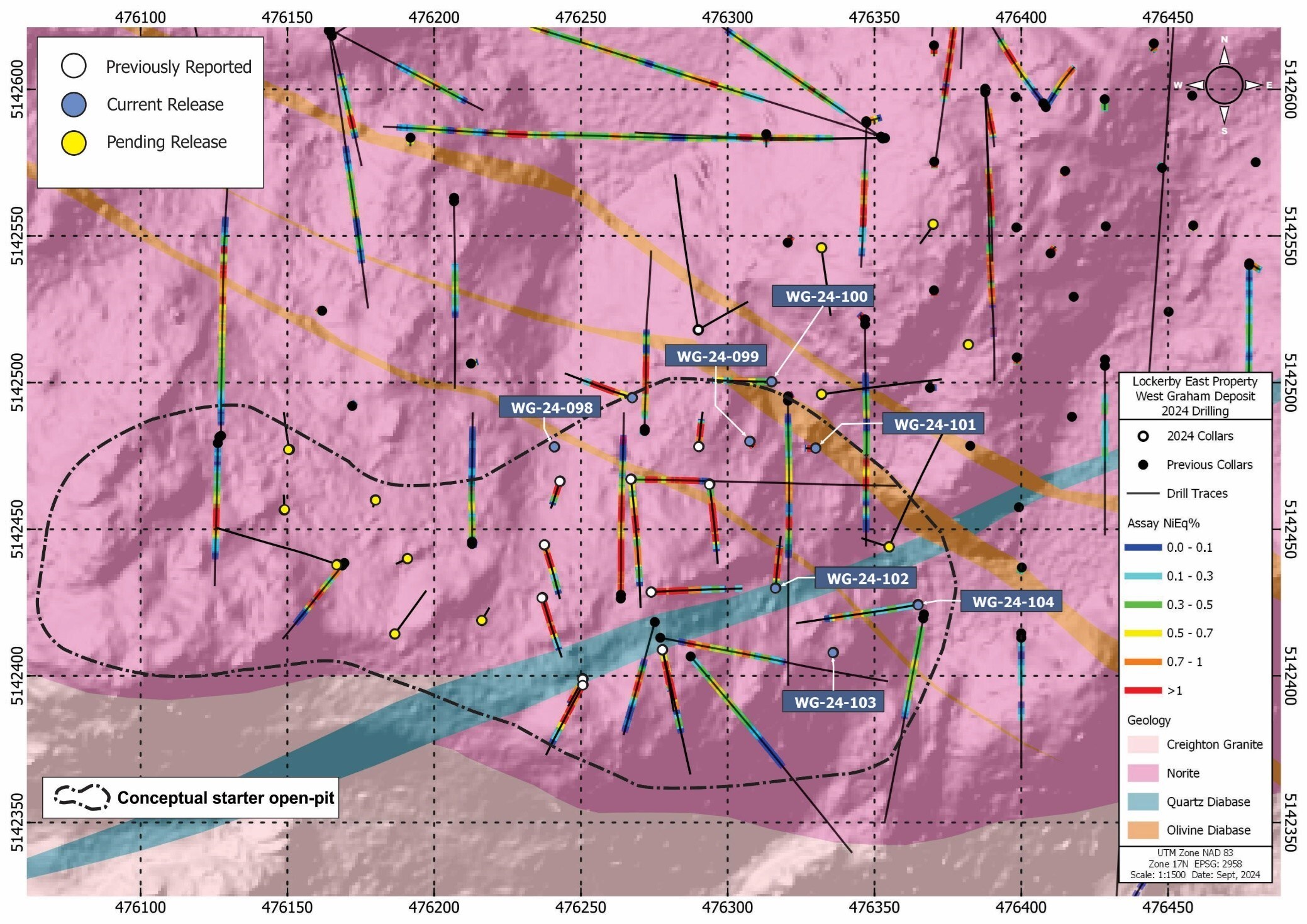 Figure 1: Plan map of the current area of drilling on the West Graham Project showing the collar locations and drill traces of the 2024 drill holes. See Table 1 for assay intervals. (CNW Group/SPC Nickel Corp.) Figure 1: Plan map of the current area of drilling on the West Graham Project showing the collar locations and drill traces of the 2024 drill holes. See Table 1 for assay intervals. (CNW Group/SPC Nickel Corp.)