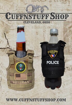 Cuffnstuff Shop Logos, 2 tactical beverage insulators one black with a Cleveland Police Logo and one military with a Army logo.