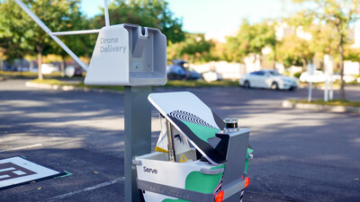 Serve's advanced, AI-powered, low-emissions sidewalk delivery robots enable pick-up in dense urban areas, and Wing drones expand Serve's delivery radius.