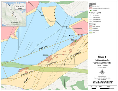 Figure 1, Pad locations for germanium results. (CNW Group/Cantex Mine Development Corp.)