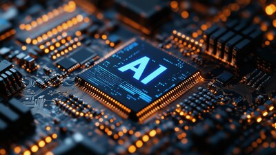 AI logo on a chip, with blue light glowing against a dark. (PRNewsfoto/INNOVATION HUB, TAITRA)