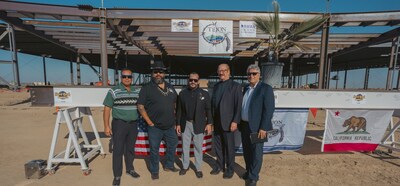 Tejon Indian Tribe Chairman, Seminole Tribe of Florida Chairman, and Hard Rock International executives participate in the beam signing during the Hard Rock Hotel & Casino Tejon Topping-Off ceremony.
(Left to right: Marcellus Osceola Jr., Octavio Escobedo III, Ahmad Tahir, Jon Lucas, Ragheb Dajani)
Photo Credit: The Beacon Studios and Hard Rock International