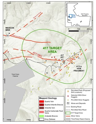 Figure 1 – Map of the 417 Vein Target Area showing outcropping veins and permitted drill pad locations. (PRNewsfoto/Silver One Resources Inc.)