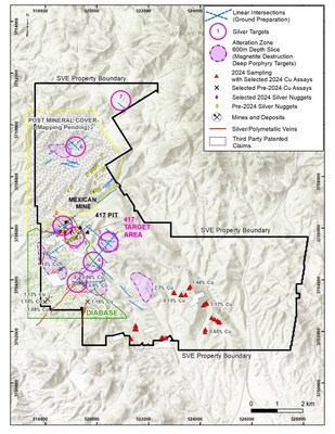 Figure 3 – Map of the Phoenix Silver property, showing main veins and targets. Much of the north half of the property is covered by Tertiary and Quaternary gravel and alluvium and has not been mapped in detail. Target # 1 (or 417 Target Area) encompasses the 417 lb silver fragment, multiple veins (see figure 1) and the permitted area for drilling. Targets south of the 417 area, include polymetallic veins as well as alteration zones potentially associated with porphyry-style mineralization. (PRNewsfoto/Silver One Resources Inc.)