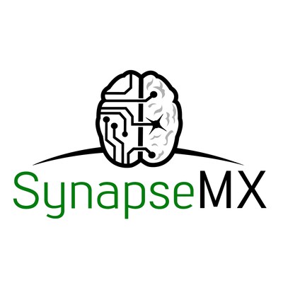 The logo for SynapseMX is a human brain augmented by technology, set in front of a curved shape that represents airplane wings.