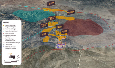 Figure 1. Aerial view looking west at the Atlanta Pit with the seven newly identified regional targets stretching westward along a major, gravity-inferred basement structure. Green dots indicate historical drill holes within and around target areas. (CNW Group/Nevada King Gold Corp.)