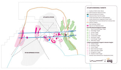 Figure 2.  Area of regional targets discussed today in relation to the Atlanta property outline and major basement faults largely inferred from geophysical data. These new targets cover the western part of the Atlanta Caldera and are continuous along a major, east-west structural axis with regional targets previously released. (CNW Group/Nevada King Gold Corp.)