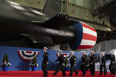 GROTON, Conn. (March 16, 2024) – The crew of the pre-commissioning unit (PCU) Idaho (SSN 799) march in formation during a christening ceremony at General Dynamics Electric Boat shipyard facility in Groton, Conn., March 16, 2024. Idaho and crew will operate under Submarine Squadron (SUBRON) FOUR whose primary mission is to provide attack submarines that are ready, willing, and able to meet the unique challenges of undersea combat and deployed operations in unforgiving environments across the globe. (U.S. Navy photo by John Narewski)