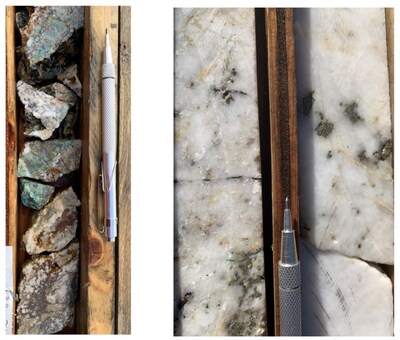 Image 1. Core from hole CR-24-004 at 3.2 metres downhole is showing mineralization in fractures in the host rock - granodiorite (pictured left); Core from hole CR-24-001 329 metres downhole is showing a quartz vein mineralized with chalcopyrite. (pictured right). Outcrop sample results previously published were mainly from veins. (CNW Group/Prospect Ridge Resources Corp.)