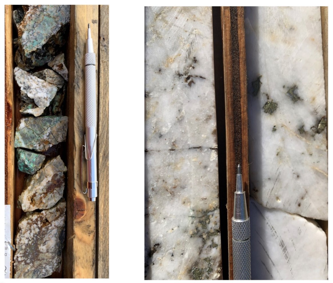 Image 1. Core from hole CR-24-004 at 3.2 metres downhole is showing mineralization in fractures in the host rock - granodiorite (pictured left); Core from hole CR-24-001 329 metres downhole is showing a quartz vein mineralized with chalcopyrite. (pictured right). Outcrop sample results previously published were mainly from veins. (CNW Group/Prospect Ridge Resources Corp.) Image 1. Core from hole CR-24-004 at 3.2 metres downhole is showing mineralization in fractures in the host rock - granodiorite (pictured left); Core from hole CR-24-001 329 metres downhole is showing a quartz vein mineralized with chalcopyrite. (pictured right). Outcrop sample results previously published were mainly from veins. (CNW Group/Prospect Ridge Resources Corp.)