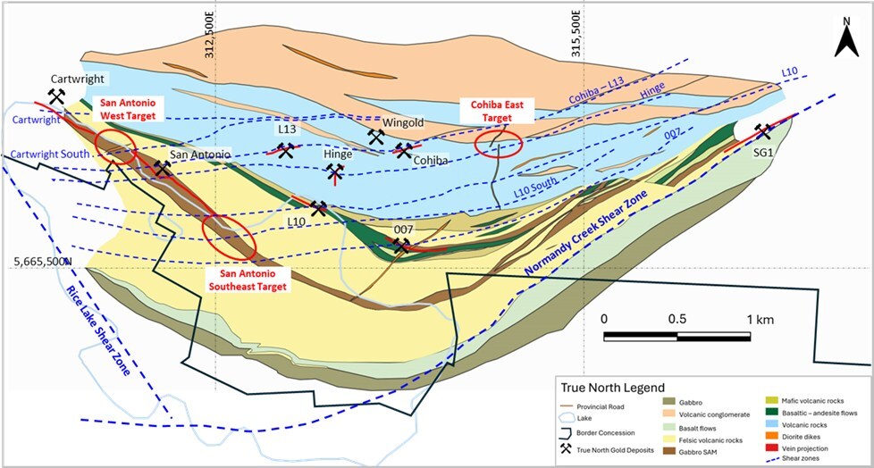 Figure 1: Generalized True North Mine Geology Map with mine locations, surface projection of known gold mineralized veins, interpreted shear zones and drill target areas. (CNW Group/1911 Gold Corporation) Figure 1: Generalized True North Mine Geology Map with mine locations, surface projection of known gold mineralized veins, interpreted shear zones and drill target areas. (CNW Group/1911 Gold Corporation)
