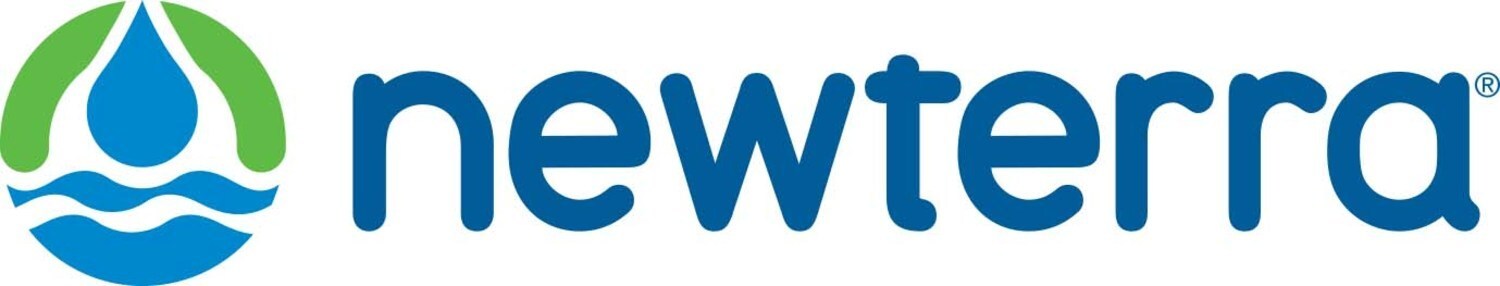 Newterra corporate logo, a water drop in a circular surround of blue water and green earth