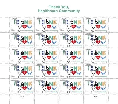 The stamp sheet artwork consists of health-related icons spelling out the words “Thank You” against a white background. Running across the lower right edge of the stamp are the words “Healthcare” in gray and “Community” in surgical green.