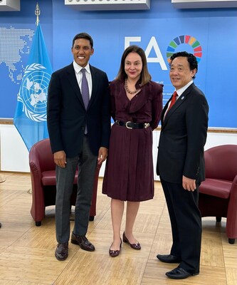 The Rockefeller Foundation President Rajiv Shah, The Ambassador and Permanent Representative of Brazil to the UN Rome-based Agencies, Carla Barroso Carneiro, and The Food and Agriculture Organization Director-General QU Dongyu at an event today to announce The Rockefeller Foundation's joining to The Global Alliance Against Hunger and Poverty.