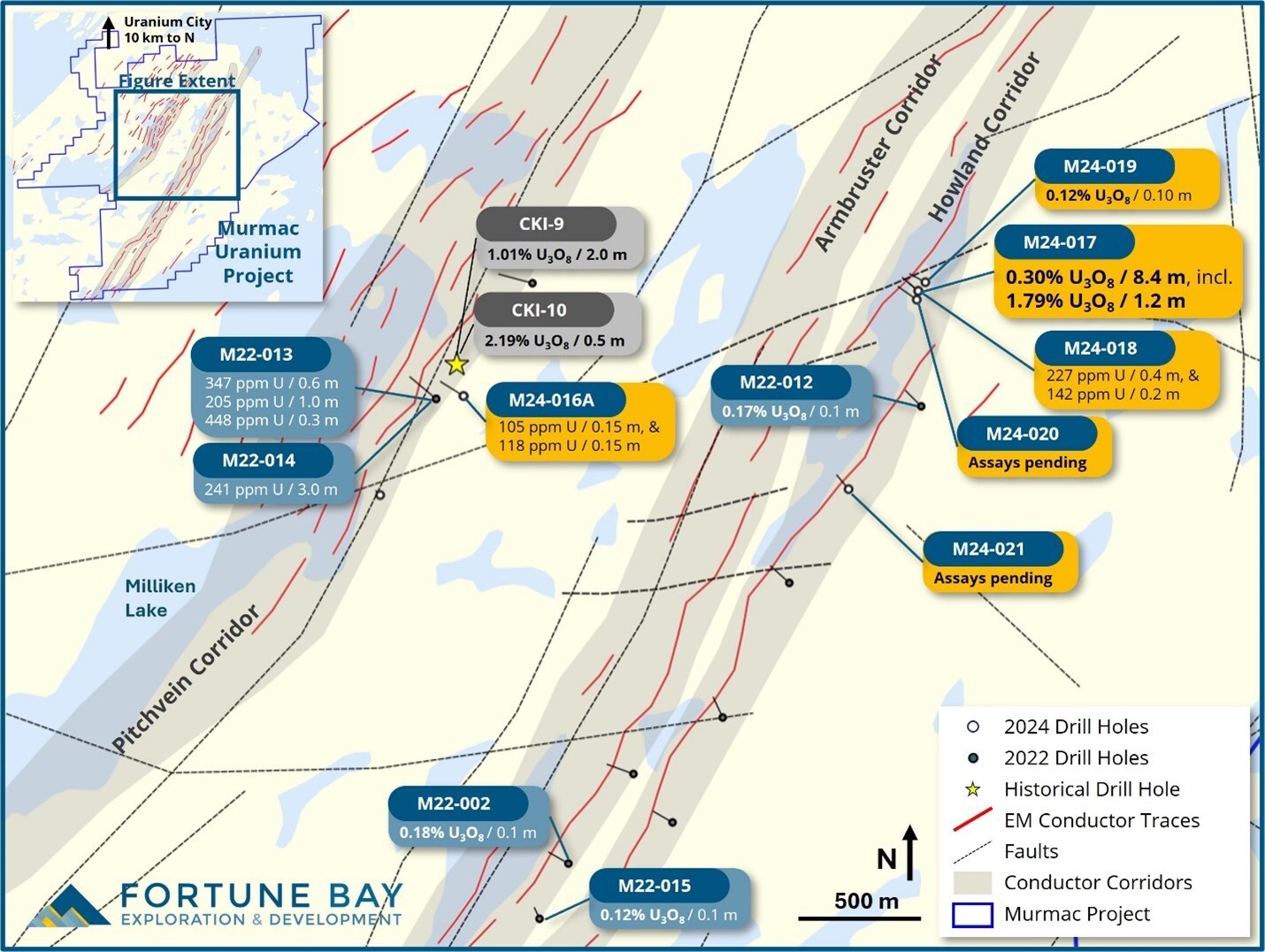 Figure 1: Location of 2024 Murmac drill holes (prefix M24), including assay highlights. (CNW Group/Fortune Bay Corp.) Figure 1: Location of 2024 Murmac drill holes (prefix M24), including assay highlights. (CNW Group/Fortune Bay Corp.)