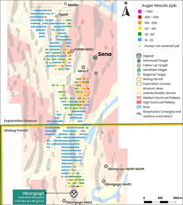 Figure 9: Korotou Trend auger drilling campaign and assays results (CNW Group/Montage Gold Corp.)