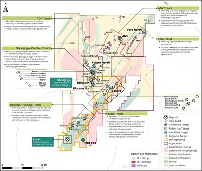 APPENDIX 1: Koné mineralisation trends and target rankings and locations (CNW Group/Montage Gold Corp.)