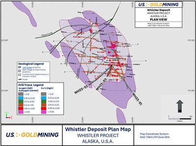 Figure 2 – Plan view map of the Whistler Deposit showing the geological interpretation of the Whistler Intrusive Suite and highlighting the location of 2023 drilling used in the October 2024 MRE update. (CNW Group/U.S. GoldMining Inc.)