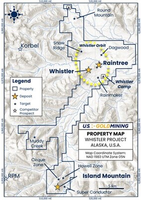 Figure 1 – Plan map of the Whistler Project showing the location of the Whistler, Raintree and Island Mountain gold-copper-silver deposits which cumulatively make up the Whistler MRE. (CNW Group/U.S. GoldMining Inc.)