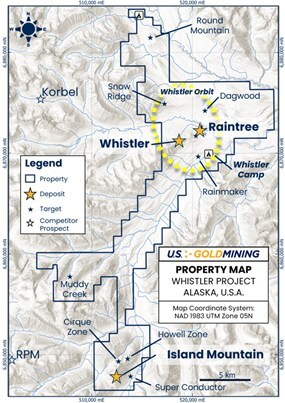 Figure 1 – Plan map of the Whistler Project showing the location of the Whistler, Raintree and Island Mountain gold-copper-silver deposits which cumulatively make up the Whistler MRE. (CNW Group/U.S. GoldMining Inc.) Figure 1 – Plan map of the Whistler Project showing the location of the Whistler, Raintree and Island Mountain gold-copper-silver deposits which cumulatively make up the Whistler MRE. (CNW Group/U.S. GoldMining Inc.)