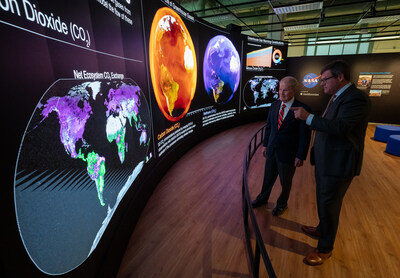 NASA Administrator Bill Nelson, left, and Kirk Johnson, Sant director, the Smithsonian's National Museum of Natural History, preview NASA's new Earth Information Center at the museum in Washington on Oct. 7, 2024. The exhibit includes a video wall displaying Earth science data visualizations and videos, an interpretive panel showing Earth's connected systems, information on our changing world, and an overview of how NASA and the Smithsonian study our home planet. Credit: NASA/Bill Ingalls