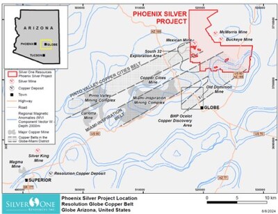 Figure 1: Phoenix Silver location map showing copper belts of the Miami-Globe porphyry copper district. Major mines and deposits include the Miami-Inspiration mining complex and BHP’s porphyry copper discovery area. Blue contours are regional magnetic (MVI – contour interval 0.0002 SI) anomalies which are spatially coincident with the mineral belts of the Miami-Globe copper district.