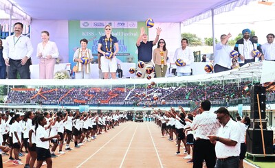 President of International Volleyball Federation (FIVB) Dr. Ary S Graça and US Consul General in Hyderabad Jennifer Larson along with the Founder of KIIT and KISS Dr Achyuta Samanta inaugurating the KISS Volleyball Festival in Bhubaneswar, Odisha on October 4.