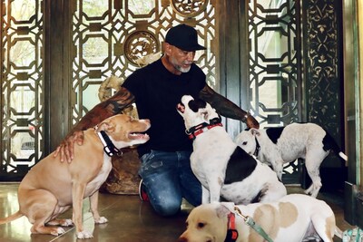 ASPCA ambassador Dave Bautista with his rescue dogs Ollie, Maggie, Penny and Talulah.