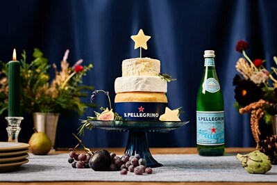 Available just in time to elevate holiday celebrations this season, S.Pellegrino & Stanley Tucci’s Holiday Cheese “Cake” is a festive layered cheese “cake” featuring four tiers of premium artisanal cheeses. CREDIT: EVAN KALMAN