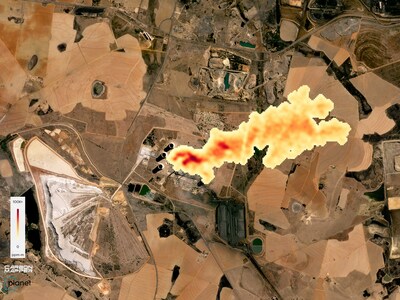 A plume of carbon dioxide detected from a coal-fired power plant in Kendal, South Africa on Sep. 19, 2024. Carbon Mapper’s preliminary estimate of the emission rate is 600,000 kg CO2 /h.  Planet Basemap courtesy of Planet Labs.